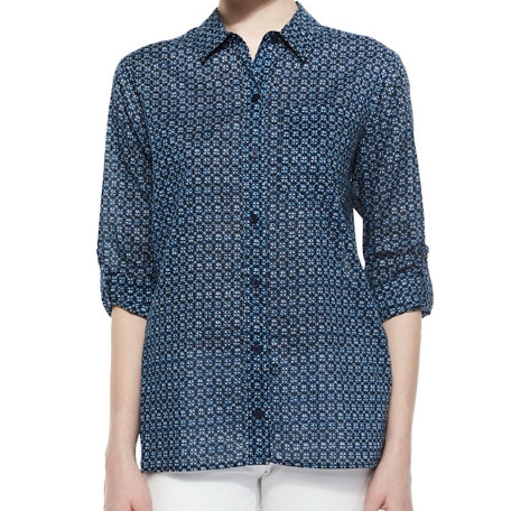NWT MICHAEL Michael Kors Nimera Geometric High-Low Shirt Button Front Blue XS